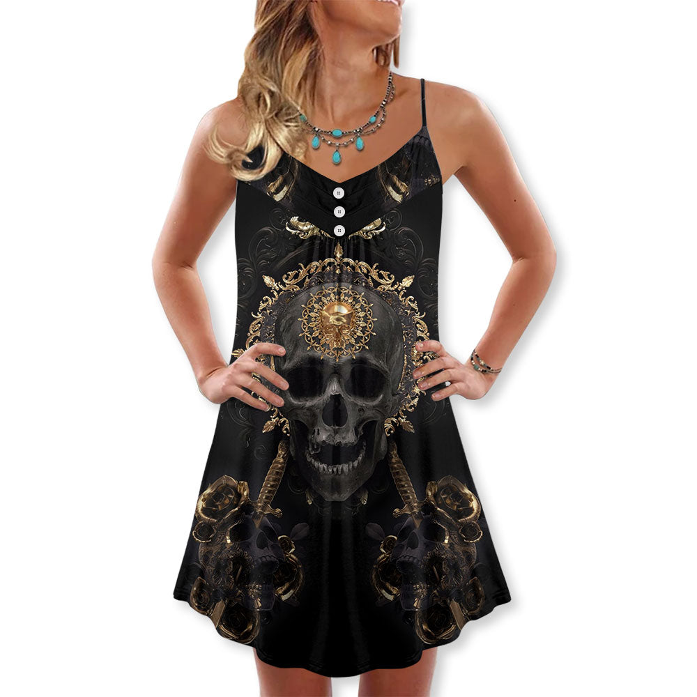Golden Skull Stay True V-Neck Sleeveless Cami Dress For Summer Vacations Festivals And Casual Everyday Wear