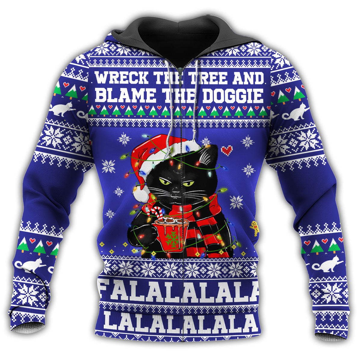 Black Funny Cat Wreck Tree Holiday Hoodie For Festive Family Moments Winter Wear And Holiday Gift Ideas
