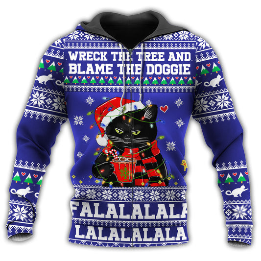 Black Funny Cat Wreck Tree Holiday Hoodie For Festive Family Moments Winter Wear And Holiday Gift Ideas