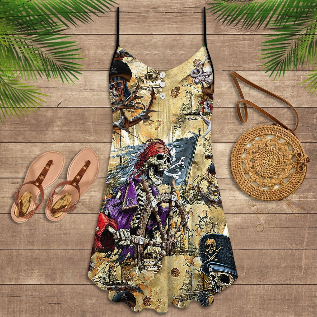 Skull Pirate Pirate V-Neck Sleeveless Cami Dress For Gothic Events And Relaxed Casual Wear
