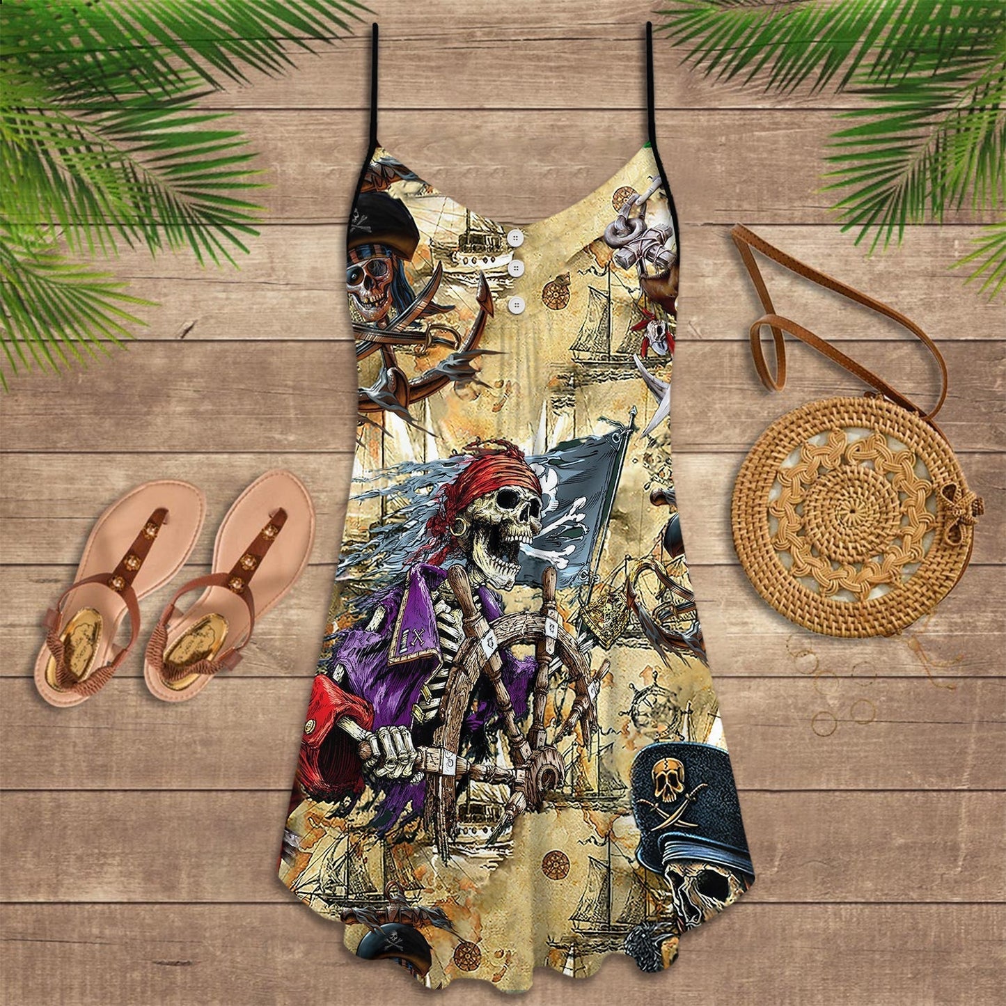 Skull Pirate Pirate V-Neck Sleeveless Cami Dress For Gothic Events And Relaxed Casual Wear