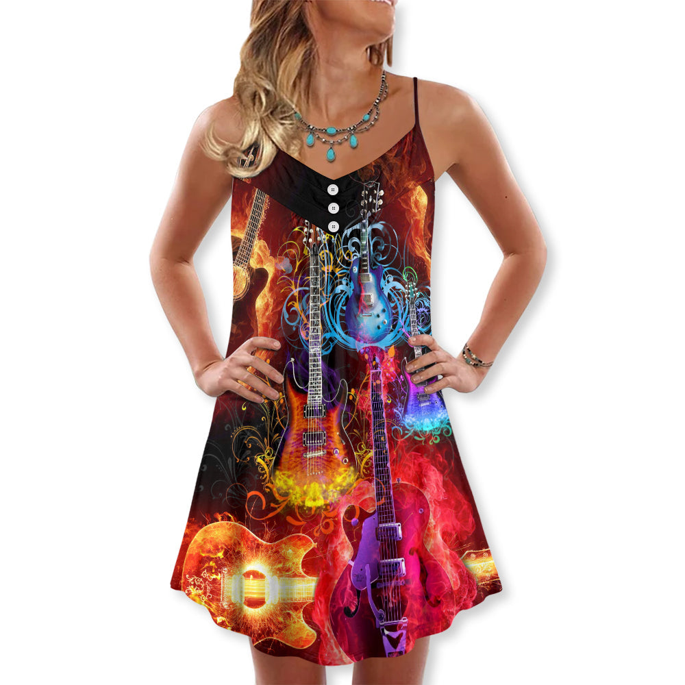 Acoustic Guitar Lover Colorful V-Neck Sleeveless Cami Dress For Music Festivals And Casual Summer Wear
