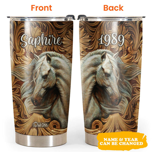 Horse And Floral Leather Personalized 20 Oz Tumbler For Coffee Travel And Daily Drinks
