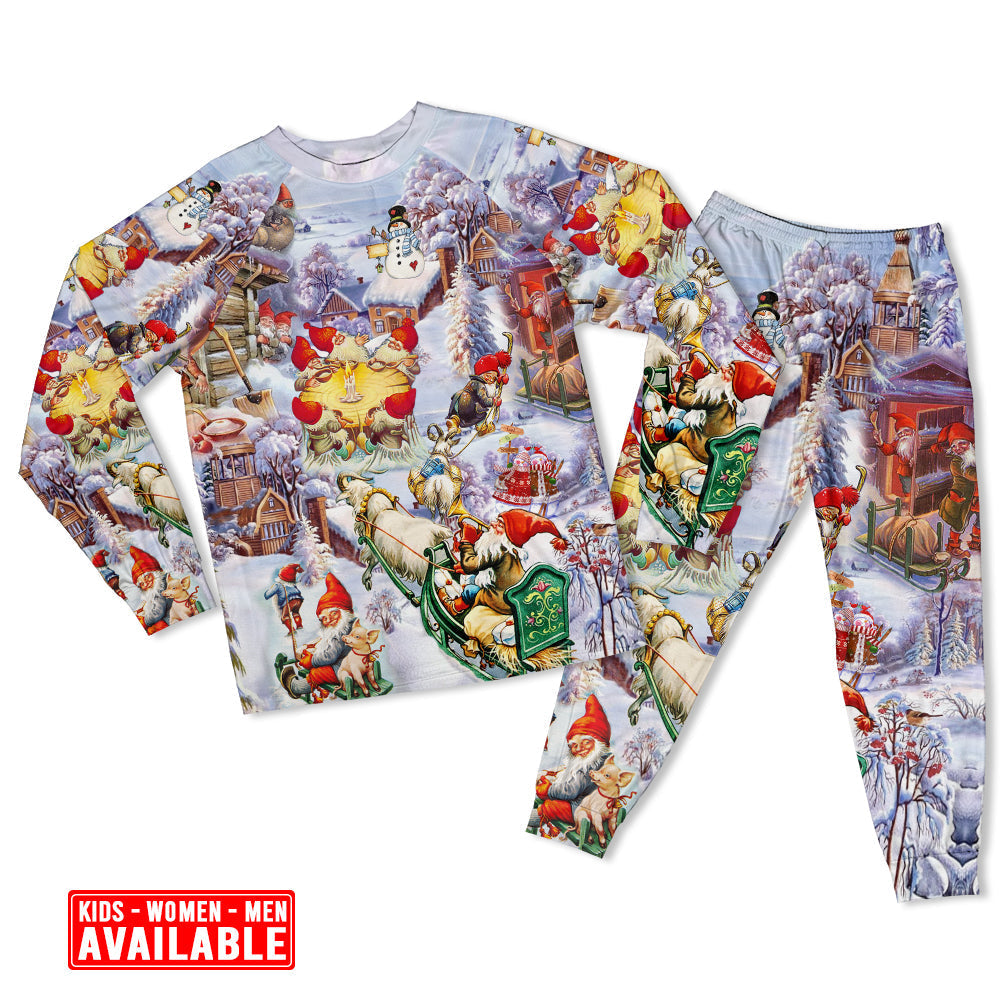 Santa And Christmas Gnomes Long Sleeve Pajamas Set For Christmas Mornings And Relaxed Lounging