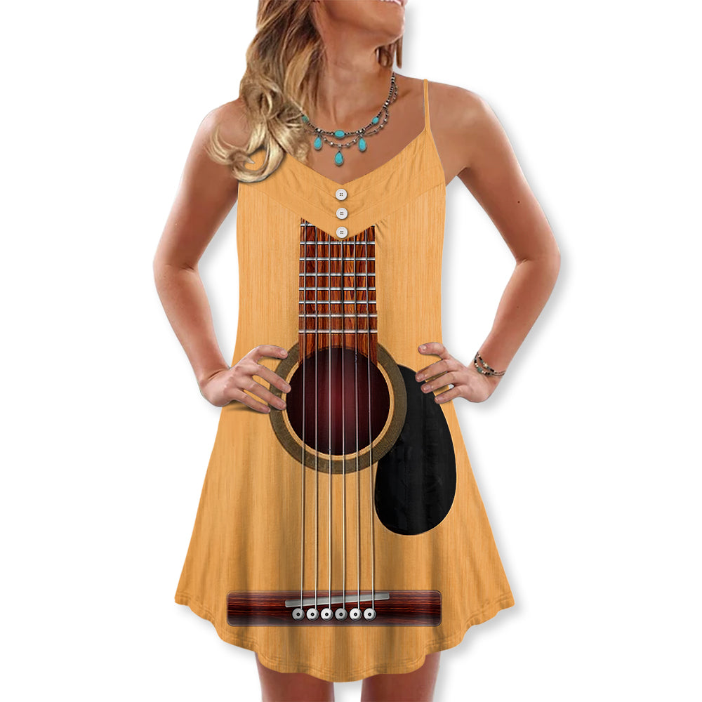 Yellow Guitar Music Art V-Neck Sleeveless Cami Dress For Music Festivals And Casual Summer Wear