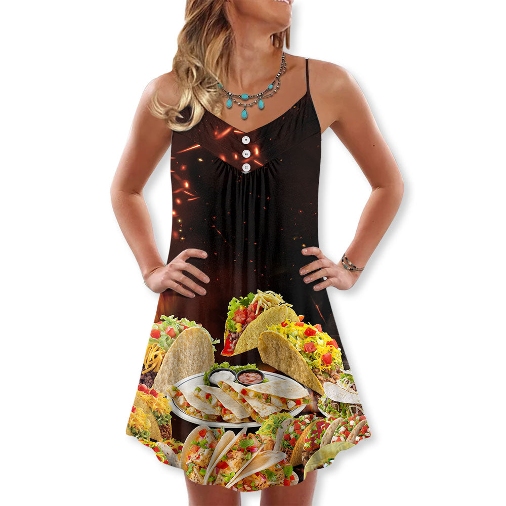 Tacos Fast Food Delicious V-Neck Sleeveless Cami Dress For Summer Vacations Festivals And Casual Everyday Wear
