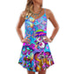 Hippie Mushroom Colorful Cool V-Neck Sleeveless Cami Dress For Festivals Vacations And Relaxed Artistic Styling
