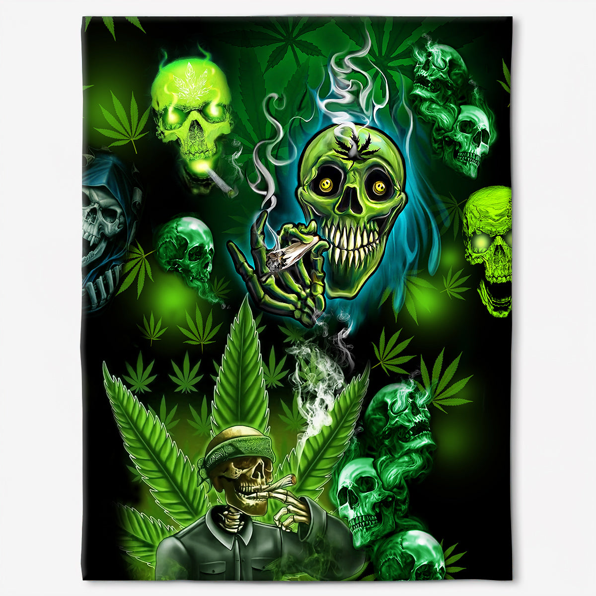 Green Skull Art Flannel Blanket For Cozy Bedroom Sofa Decor