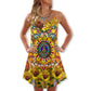 Hippie Sunflowers Love Sunshine V-Neck Sleeveless Cami Dress For Festivals Travel And Relaxed Casual Summer Wear