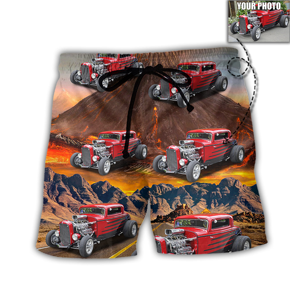 Hot Rod Lover Various Style Personalized Photo Beach Shorts Design Detail For Casual Warm Weather Outfits