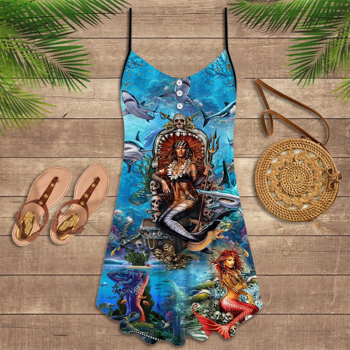 Mermaid Beautiful And Skull V-Neck Sleeveless Cami Dress For Halloween Gatherings And Casual Styling