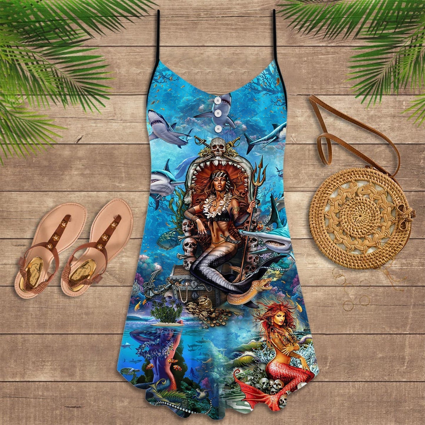 Mermaid Beautiful And Skull V-Neck Sleeveless Cami Dress For Halloween Gatherings And Casual Styling