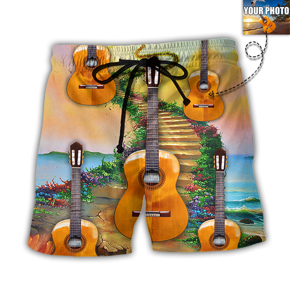 Guitar Love Forever Various Style Personalized Photo Beach Shorts Design Detail For Casual Warm Weather Outfits