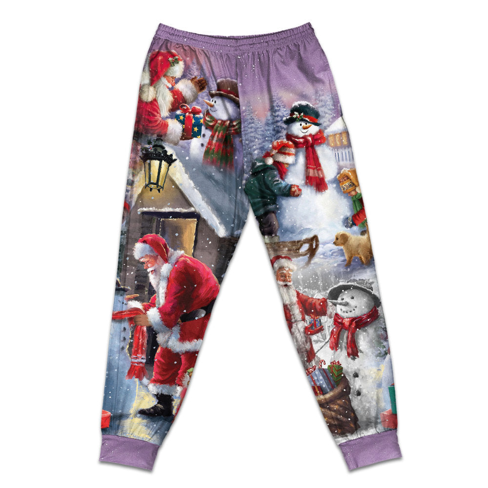 Santa Building A Snowman Gift Short Sleeve Pajamas Set For Festive Sleepovers And Family Photos