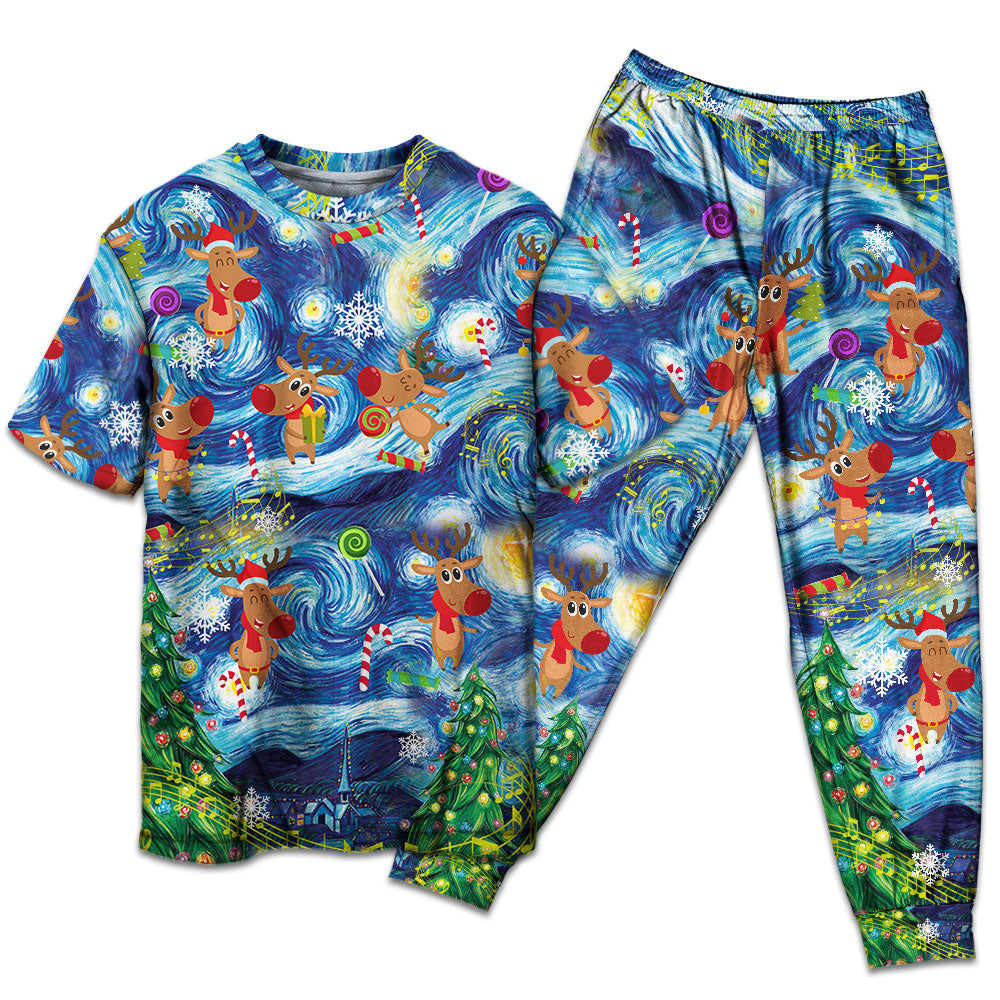 Happy Dancing Reindeer Christmas Short Sleeve Pajamas Set For Christmas Mornings And Relaxed Lounging