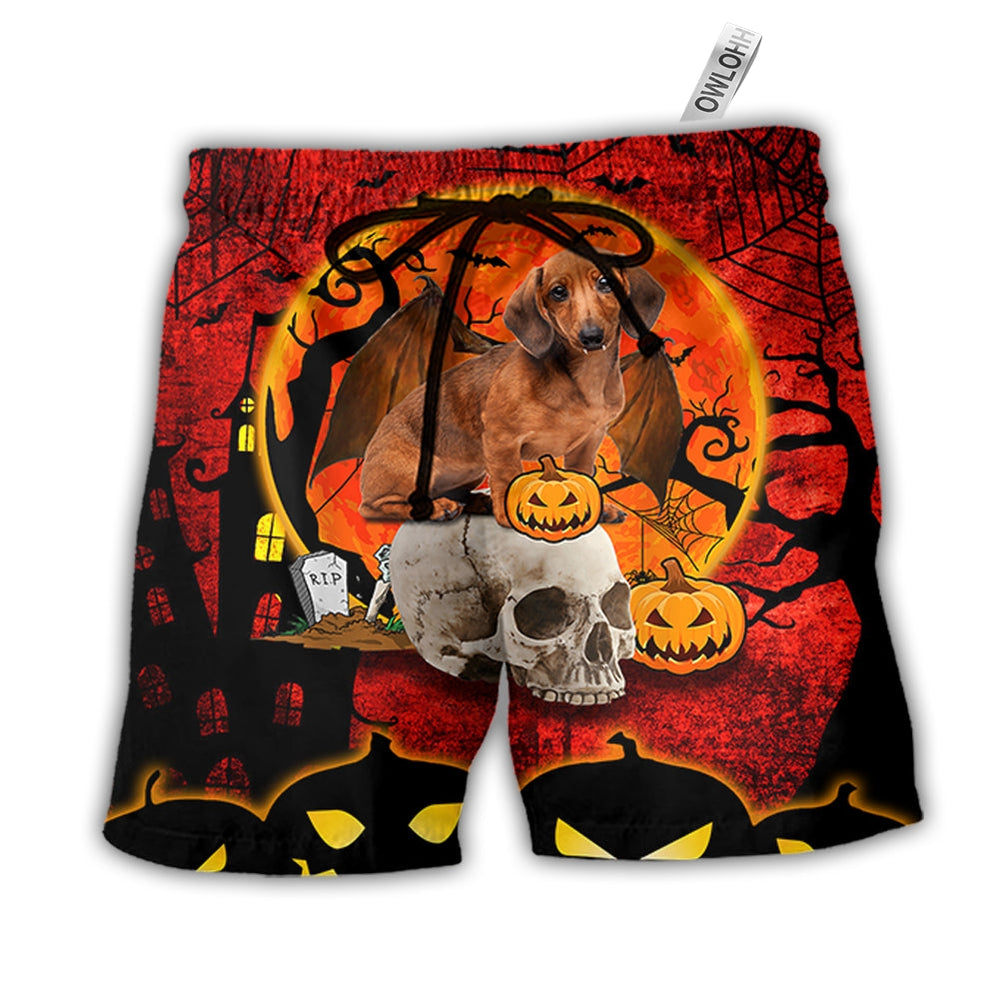 Halloween Dachshund Pumpkin Scary Red Hawaiian Beach Shorts For Striking Resort Looks