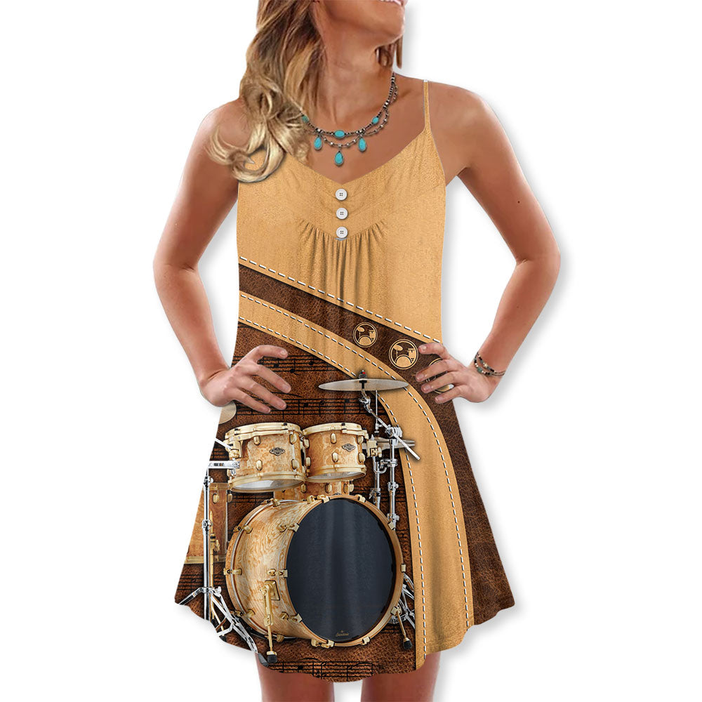 Vintage Drummer And Lady Art V-Neck Sleeveless Cami Dress For Vacations And Casual Warm Weather Wear