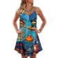 Halloween Owl Witch Night Sky V-Neck Sleeveless Cami Dress For Vacations And Casual Warm Weather Wear
