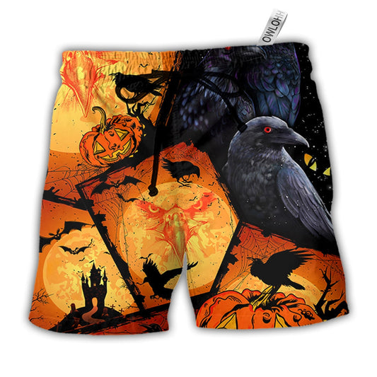Halloween Raven Pumpkin Scary Hawaiian Print Beach Shorts For Coastal Trips And Outdoor Wear