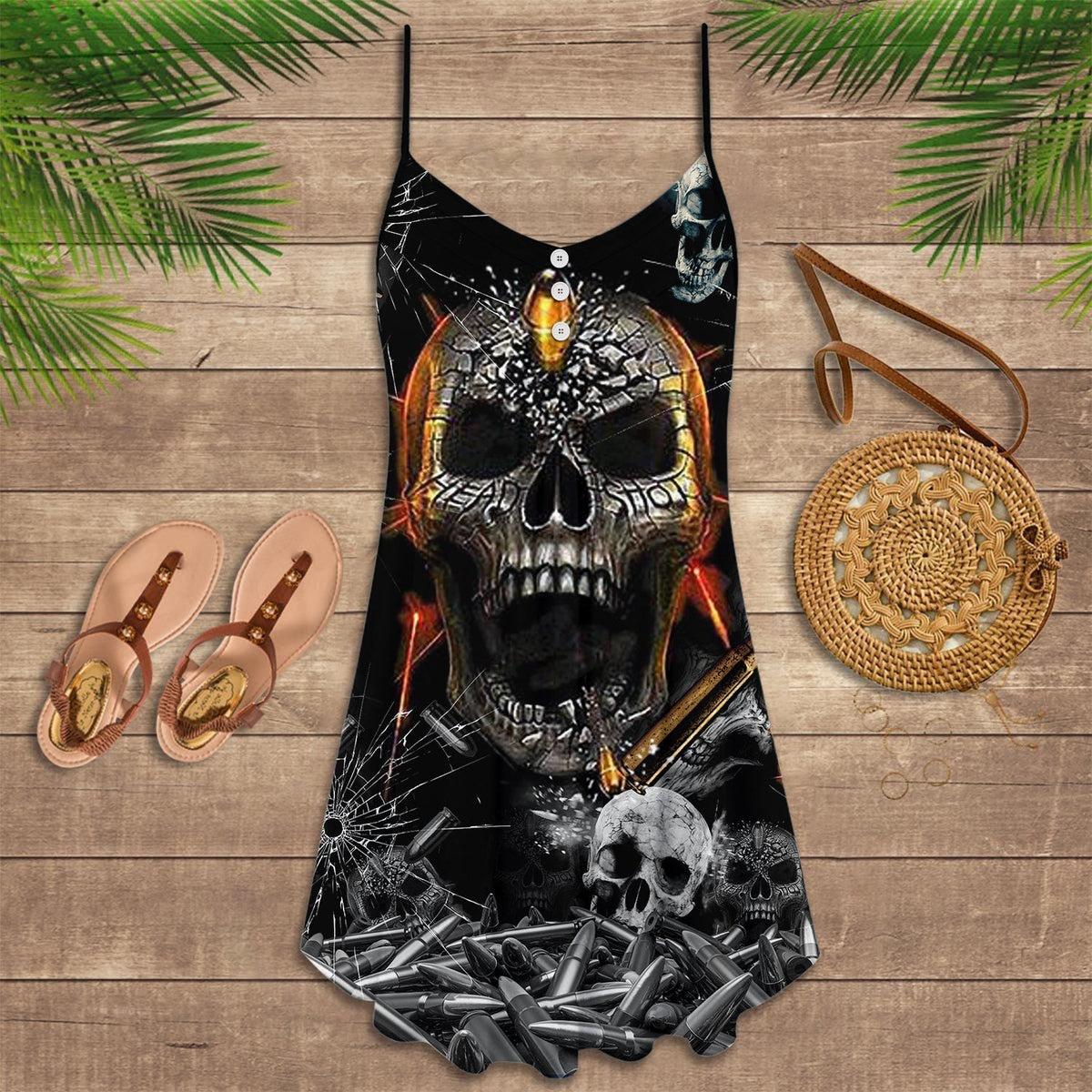 Skull Oh My Skull V-Neck Sleeveless Cami Dress For Travel And Expressive Warm Weather Fashion
