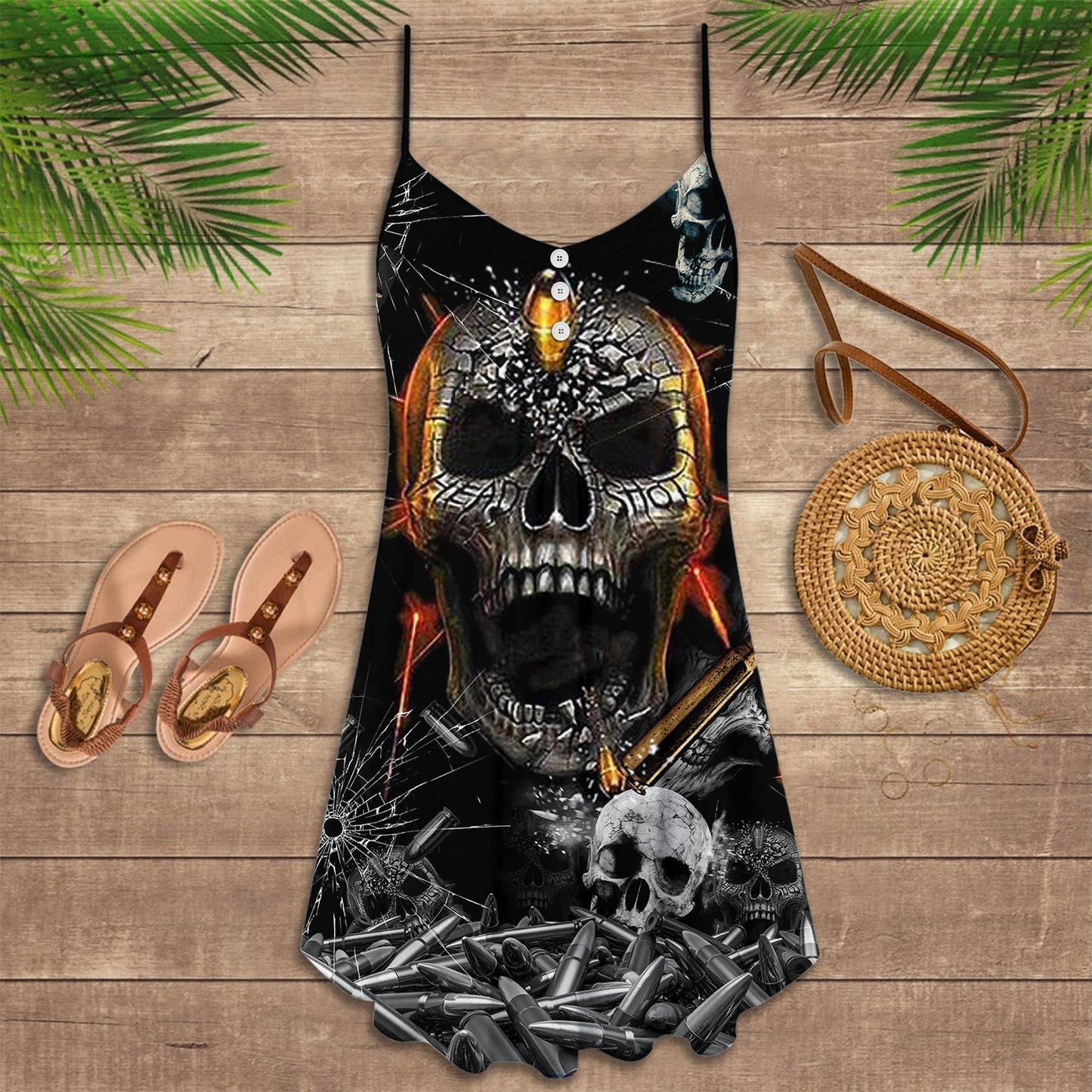 Skull Oh My Skull V-Neck Sleeveless Cami Dress For Travel And Expressive Warm Weather Fashion