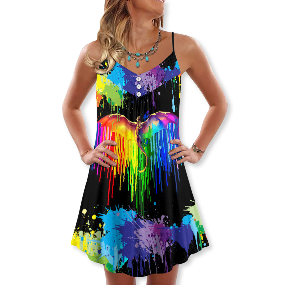 Pride Dragon Color Of Happiness V-Neck Sleeveless Cami Dress For Festivals Travel And Relaxed Casual Summer Wear