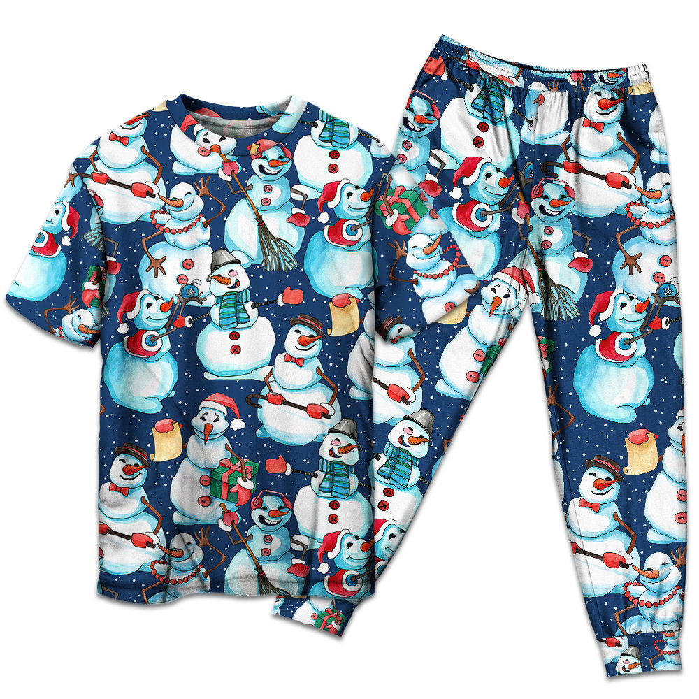Happy Snowman Christmas Short Sleeve Pajamas Set For Winter Nights And Thoughtful Gifting