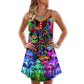 Hippie Alien Peace Colorful V-Neck Sleeveless Cami Dress For Festivals Travel And Relaxed Casual Summer Wear