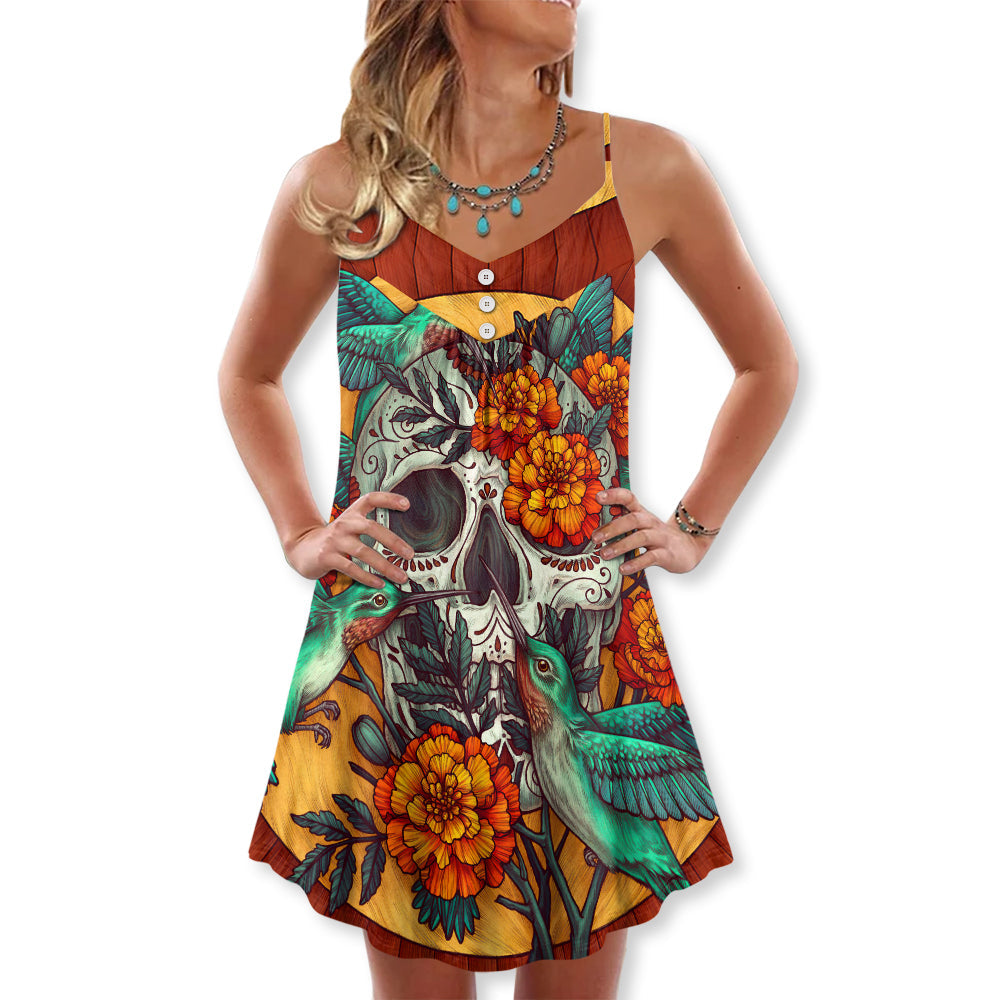 Floral Skull And Hummingbird V-Neck Sleeveless Cami Dress For Festivals And Distinctive Alternative Styling