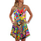 Hippie Patriotic Colorful Style V-Neck Sleeveless Cami Dress For Festivals Travel And Relaxed Casual Summer Wear
