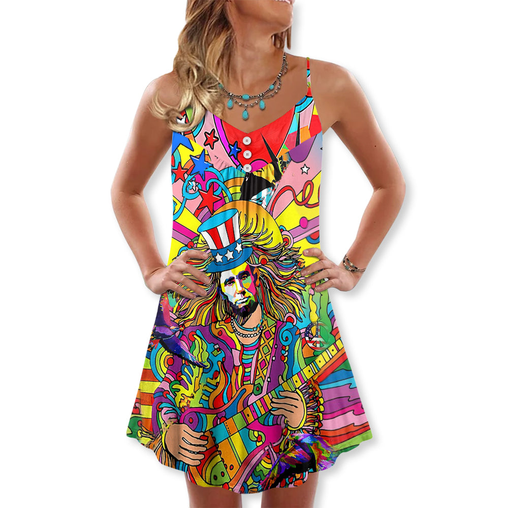Hippie Patriotic Colorful Style V-Neck Sleeveless Cami Dress For Festivals Travel And Relaxed Casual Summer Wear