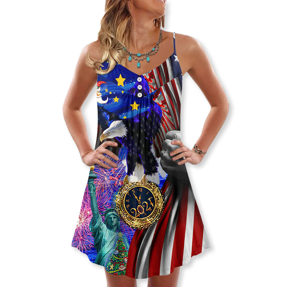 Patriotic New Year Christmas Theme V-Neck Sleeveless Cami Dress For Summer Events And Comfortable Everyday Style