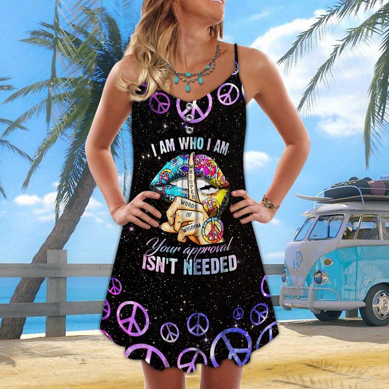 Hippie Peaceful I Am V-Neck Sleeveless Cami Dress For Creative Events And Casual Warm Weather Wear