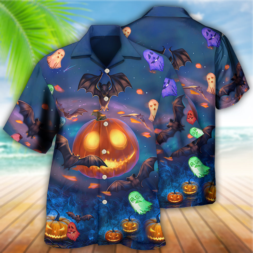 Glowing Bat Halloween Pumpkins Night Hawaiian Shirt Pattern Detail For Summer Holidays And Outdoor Fun