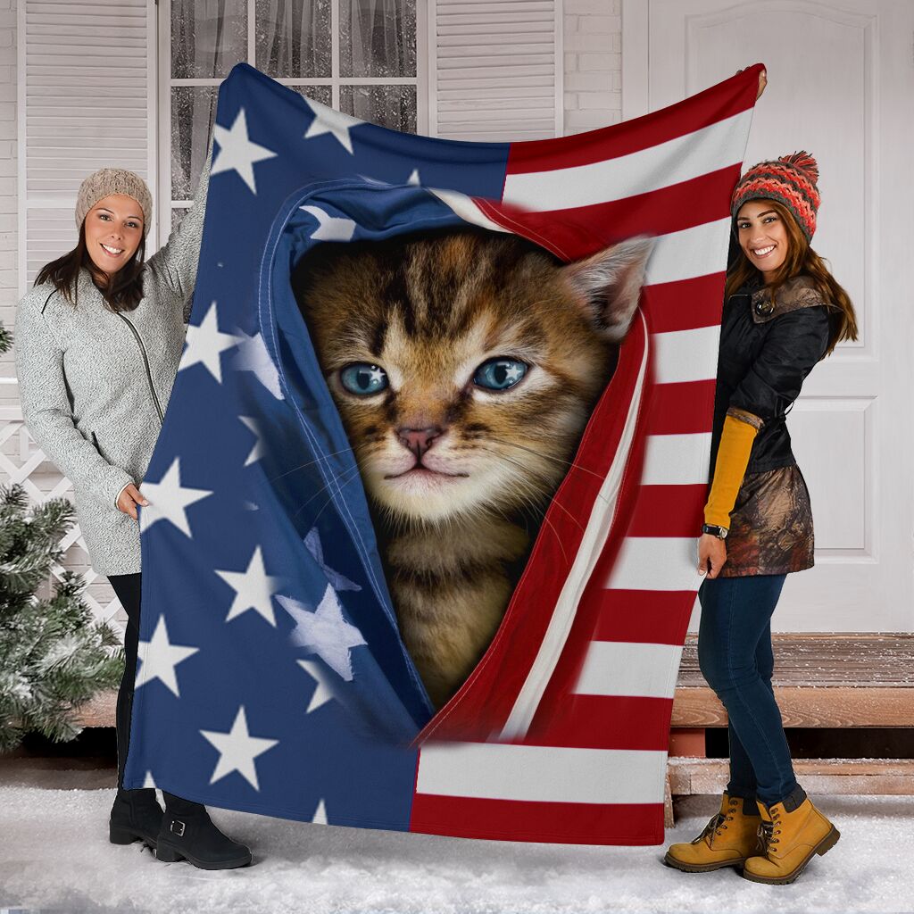 Cat Kitten Opened American Flag Flannel Blanket For Cozy Bedroom Sofa Decor