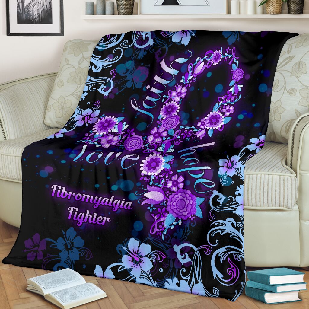 Flower Faith Hope Love Fibromyalgia Awareness Flannel Blanket For Cozy Bedroom Sofa Decor