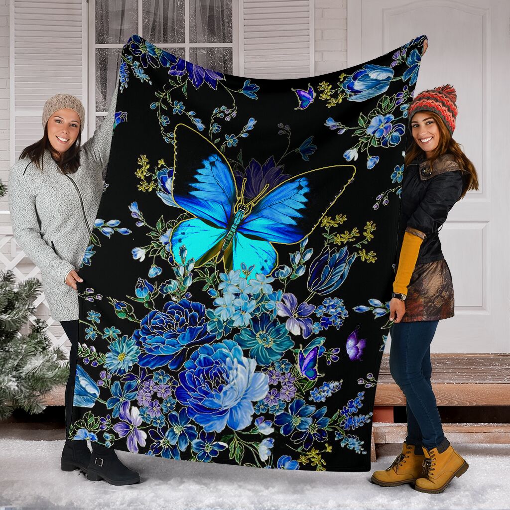 Butterfly With Blue Flowers Flannel Blanket For Cozy Bedroom Sofa Decor