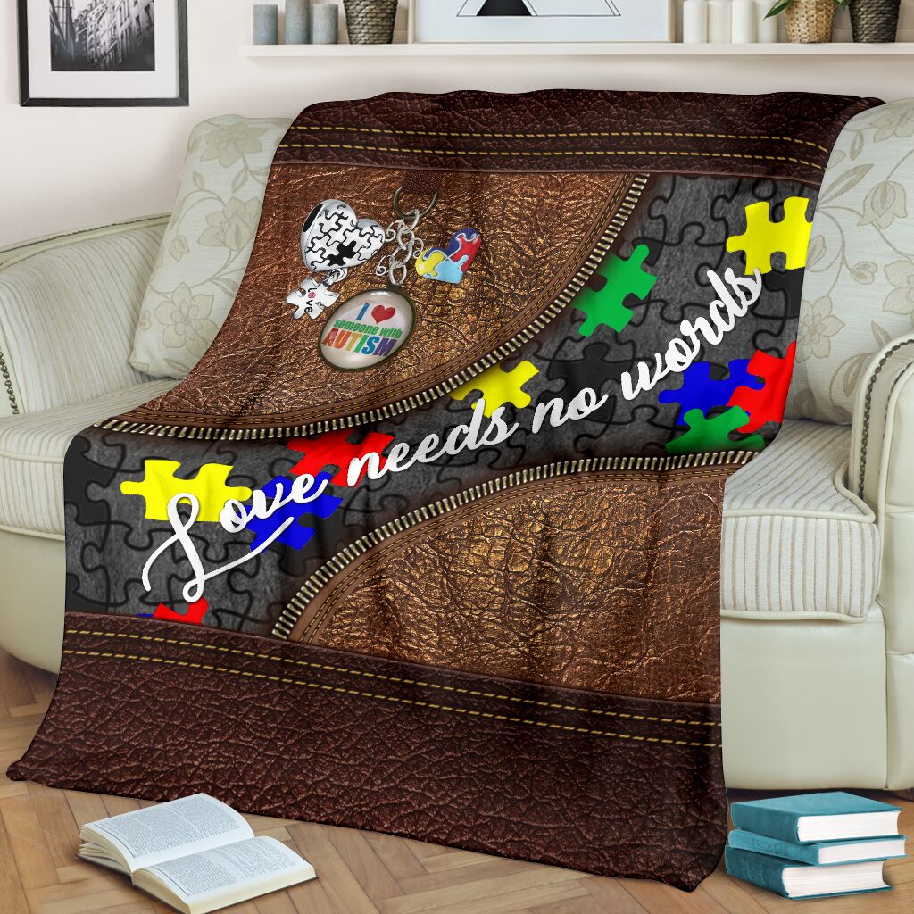 Autism Awareness Love Needs No Words Leather Pattern Flannel Blanket For Cozy Bedroom Sofa Decor