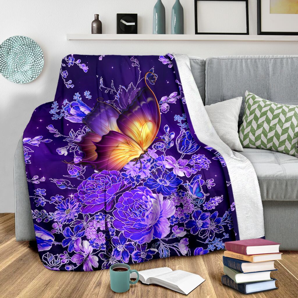Butterfly With Purple Flowers Flannel Blanket For Cozy Bedroom Sofa Decor