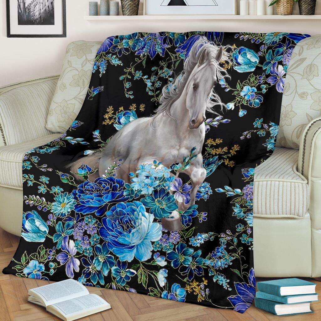 Horse Blue Floral Flannel Blanket For Cozy Bedroom Sofa Decor