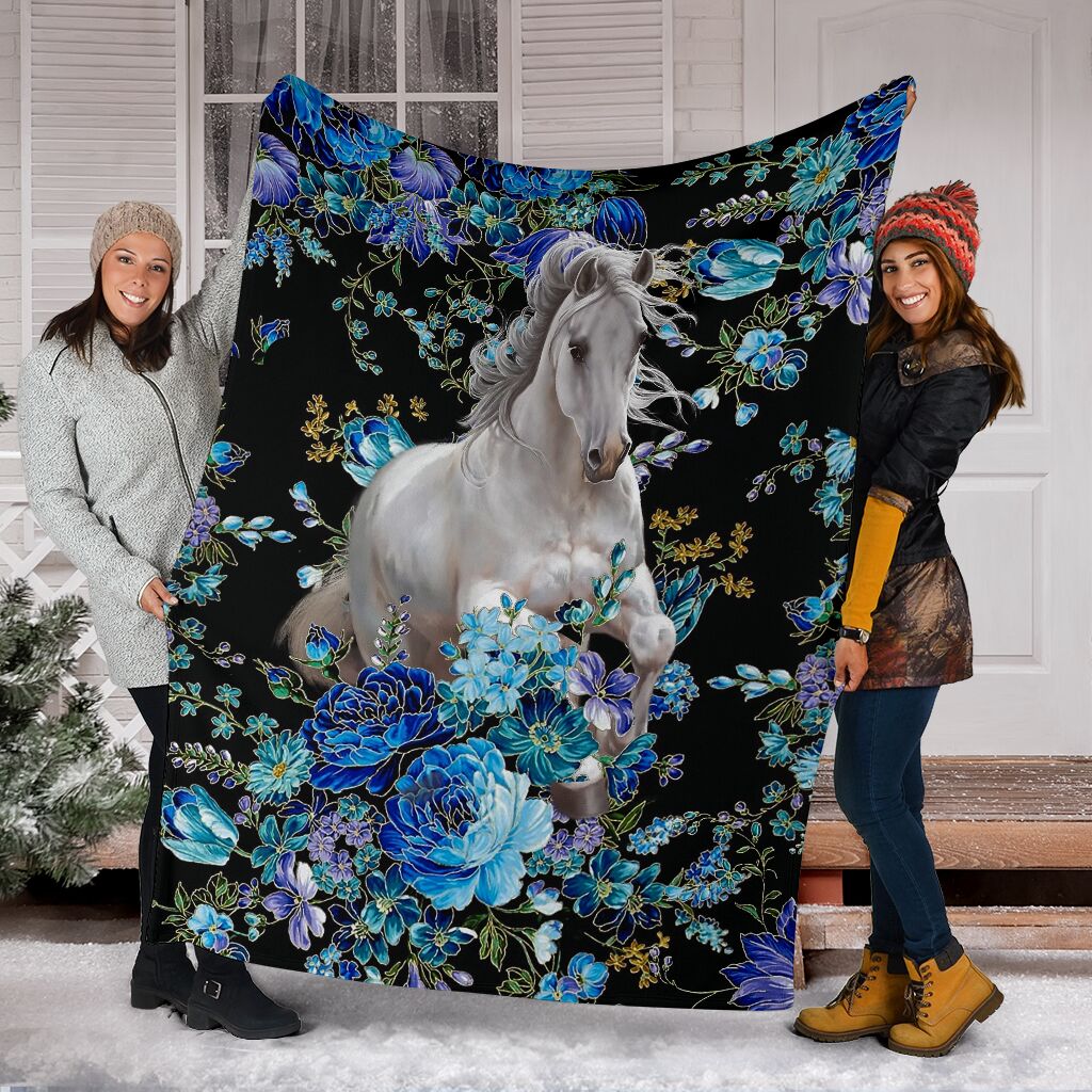 Horse White Horse Blue Flower Flannel Blanket For Cozy Bedroom Sofa Decor
