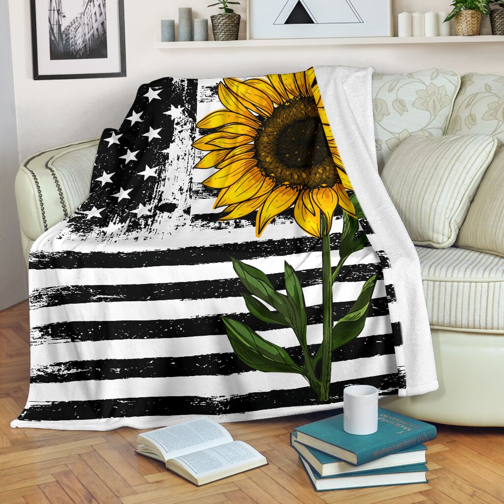 Sunflower American Flag Flannel Blanket For Cozy Bedroom Sofa Decor