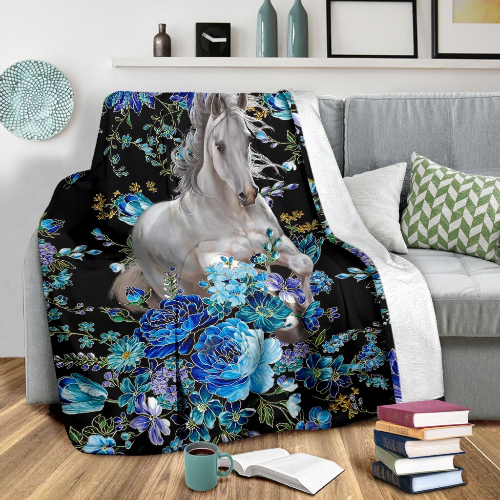 Horse White Horse Blue Flower Flannel Blanket For Cozy Bedroom Sofa Decor