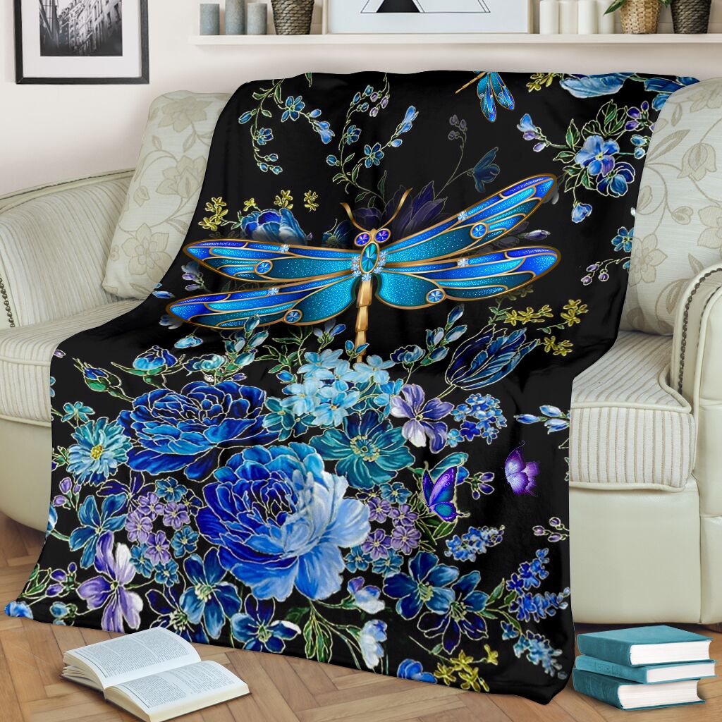 Dragonfly Blue Floral Flannel Blanket For Cozy Bedroom Sofa Decor