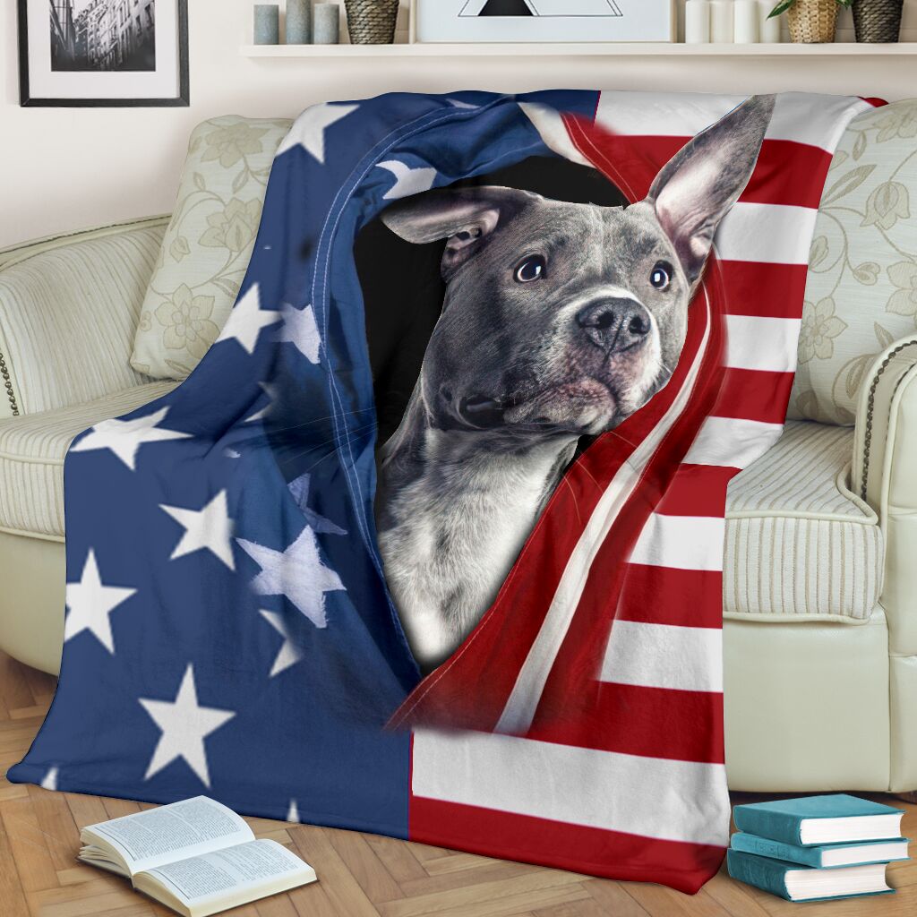 Pitbull Opened American Flag Flannel Blanket For Cozy Bedroom Sofa Decor