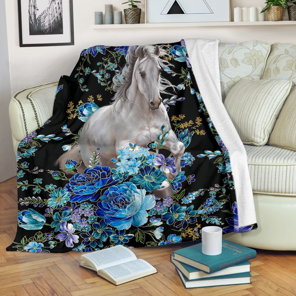 Horse Blue Floral Flannel Blanket For Cozy Bedroom Sofa Decor