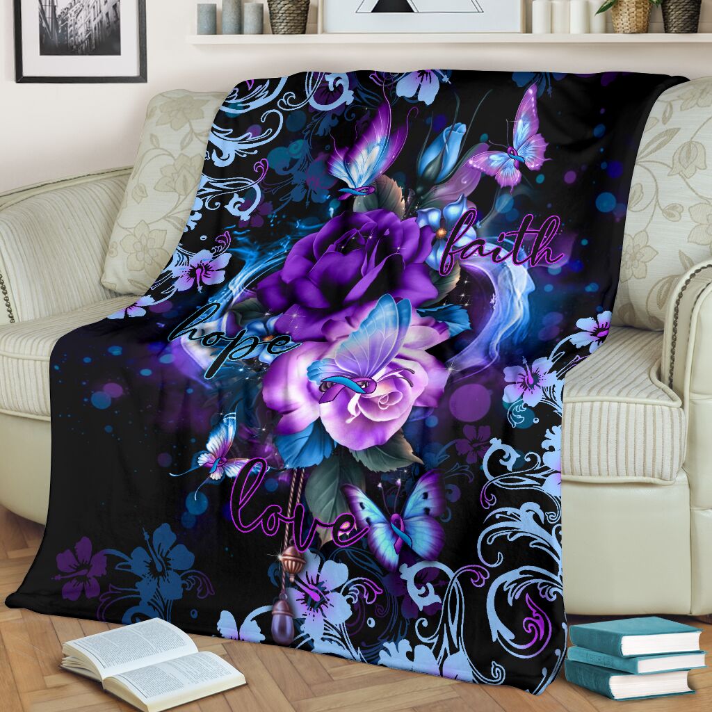 Mental Health Awareness Rose Butterfly Flannel Blanket For Cozy Bedroom Sofa Decor