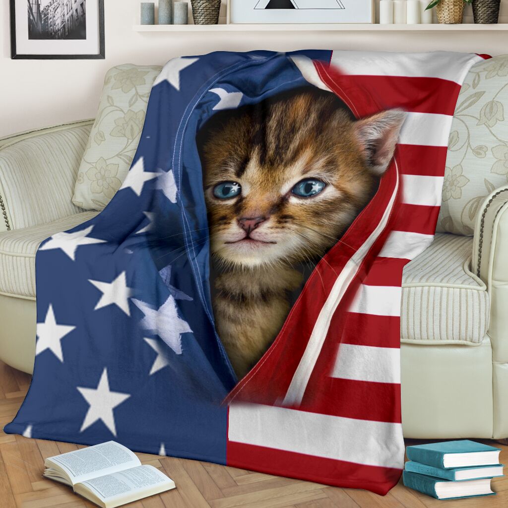 Cat Kitten Opened American Flag Flannel Blanket For Cozy Bedroom Sofa Decor