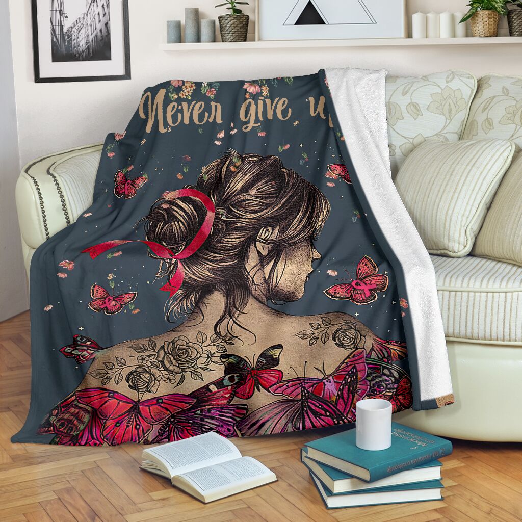 Breast Cancer Never Give Up Breast Cancer Awareness Flannel Blanket For Cozy Bedroom Sofa Decor