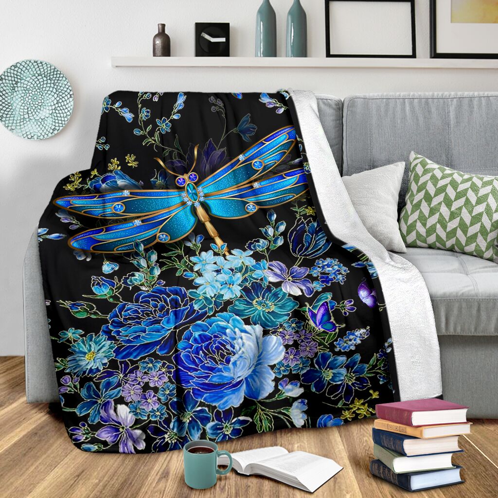 Dragonfly Blue Floral Flannel Blanket For Cozy Bedroom Sofa Decor